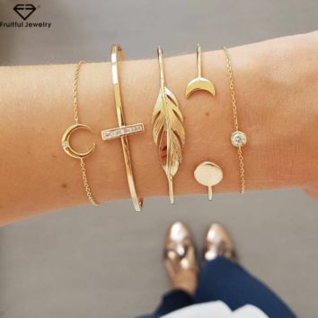 Open Watch Bracelet Set 5Pcs/Set Gold Chain Moon Leaf Crystal Geometry Women Charm Cuff Beach Jewelry Drop Shipping P