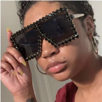 Oversized Square Frame Bling Rhinestone Cat Eye Retro Women Sunglasses