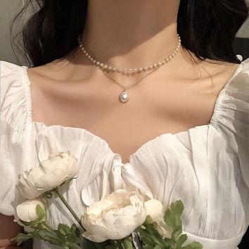 Pearl Choker Necklace Cute Double Layer Chain Jewelry for Women
