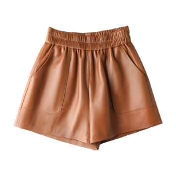 Placket Styles Elastic Waist Tight Leather Short Pants Women's Shorts Genuine Leather Shorts