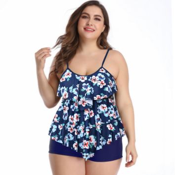 Plus Size Three-Layer Ruffled Swimsuit Print Split Skirt Women Swimsuit