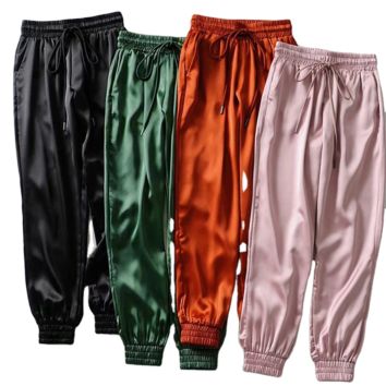 Polyester Loose Solid Satin Drawstring High Waist Workout Streetwear Trousers Joggers Sweatpants Women's Pants