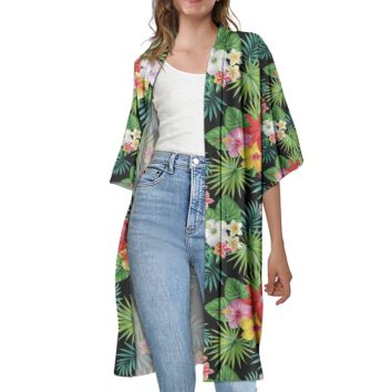 Polynesian Tribe Floral Print Half-Sleeved Cardigan Long Coat Casual plus Size Coats