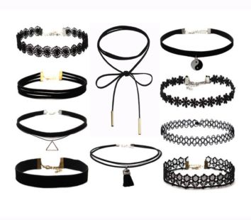 Popular Choker Necklace Set 10 Styles Mixed Black Lace Chocker Necklace, Black Velvet Leather Choker Lx029
