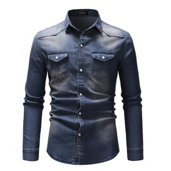 Popular Style Plain Color Cowboy Vintage Style Single Button Silm Fit Long Sleeve Shirt for Men
