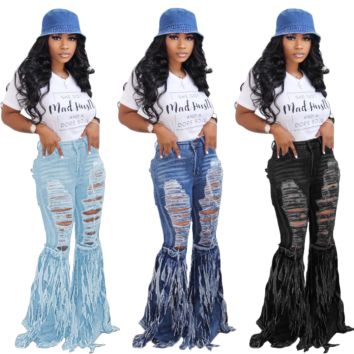 Popular Tassel Suede Denim Shorts Women Flare Jeans Casual Flared Pants