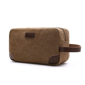 Portable Cotton Canvas Travel Toiletry Bag Dopp Kit Organizer Shaving Bag with Leather Trim for Men