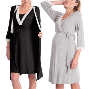Pregnancy Maternity Sleepwear for Nursing Pregnant Pajamas Breastfeeding Nightgown with Elegant Maternity Nursing Clothes Dress