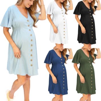 Pregnant Clothes Elegant Casual Dresses for Women Solid Color Buttoned Maternity Dress