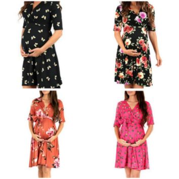 Pregnant Women Delivery Hospital Dress Short Sleeves on Both Sides Hidden Open Breastfeeding Care Clothes Maternity Dress