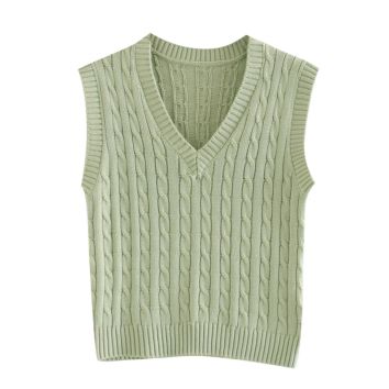 Preppy Style V Neck Knitted Sleeveless Sweater Women Casual Solid Color Twist Vest