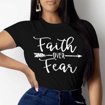 Print Faith over Feaq Crew Neck Crop Tops T-Shirts Women