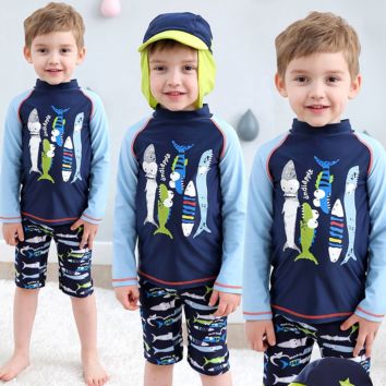 Printed Boys Sunsuit Swimsuit Sets Upf 50+ Boys Two Piece Rash Guard with Sun Hat