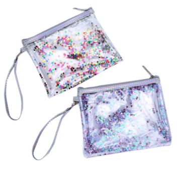 Promotional Cute Portable Strap Transparent Pvc Sequin Flowing Heart Confetti Pouch Pencil Bag Makeup Cosmetic Bag