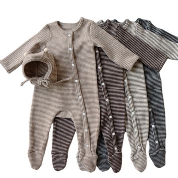 Pure Cotton Spring Autumn Newborn Infant Baby Boy Girl Bodysuit Button Stripe Jumpsuit Casual Outfits Clothes