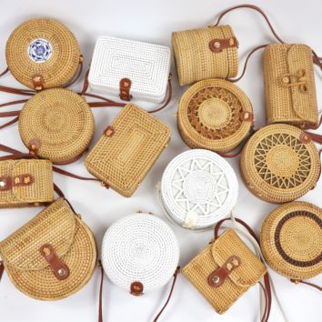 Purse Hobo Mini Tote Natural Rattan Handmade Straw Vintage Bag Women round Handle Ring