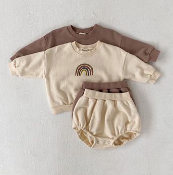 Q107088 1-3Years Spring Autumn Baby Children's Suit Printed Rainbow Sweater & Baby Pp Short Two-Piece Suit Outfits
