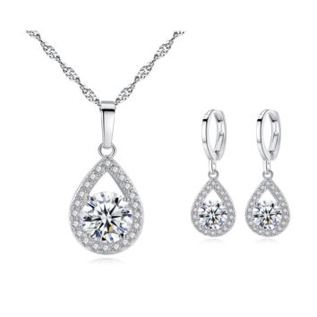 Qetesh Girl Jewelry Sets Cubic Zirconia Solitaire Tear Drop Necklace & Earring Set for Woman Bridesmaids Gift Present