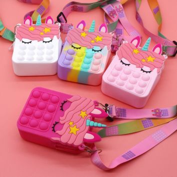 Rainbow Unicorn Crossbody/Shoulder Bag Fidget Sensory Toy Push Bubble Poppers, Cute Colorful Pop Bubble Purse for Girls