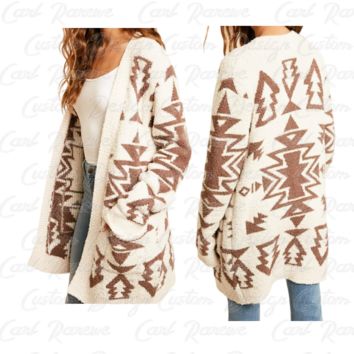 Rarewe Women Aztec Tribal Print Fuzzy Soft Cardigan Duster Customizable