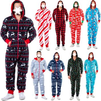 Ready to Ship Home Wear in Stocks Men Pajamas Deer Snowman Stripe Christmas Print Adult One-Piece Pajamas