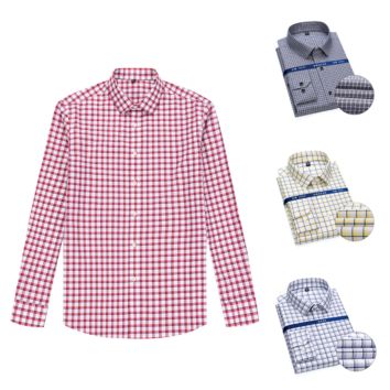 Ready to Ship Men's Cotton Spandex Red Check Shirts Anti-Wrinkle Wrinkle Free Dress Shirts for Men