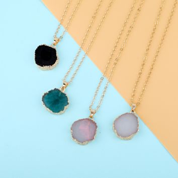 Real Gold Plated Irregular Geometric Green Pendant Sweater Necklace Natural Stone Geometry Resin Pendant Necklace