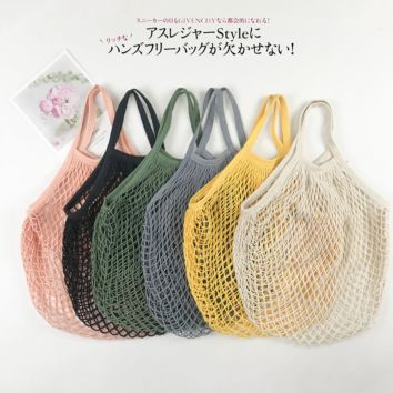 Reusable Fruit Vegetable Grocery Produce Tote Cotton String Mesh Net Shopping Bag with Long Handle