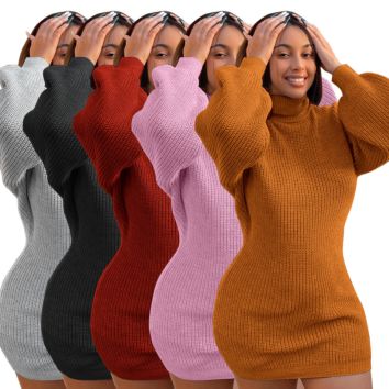 Ribbed Autumn Orange Sweater Dress Color Block Bodycon Turtleneck Knitted Dress for Women