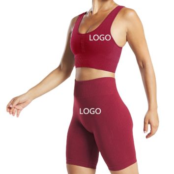 Ribbed Seamless Yoga Set Fitness Women Biker Shorts Bra Sets with Logo