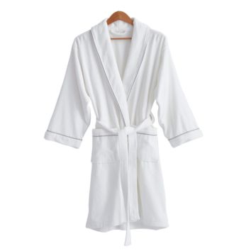 Robes Unisex 100% Cotton Velvet Fabric White Robe with Piping Shawl Collar Daily Bathrobe