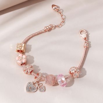 Rose Gold Cz Cubic Zirconia Heart Drop Charm Bracelet Pink Rhinestone Crystal Flower Charm Bracelet