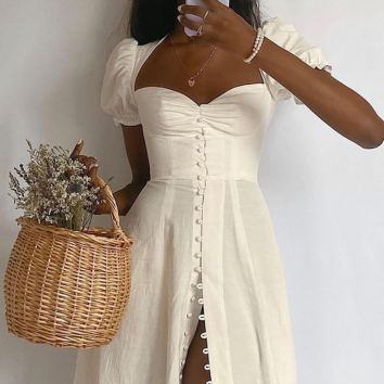 Rs1503 Elegant French Style Blank Dress Boho Puff Sleeve Square Neck Slit Women Dresses Slim A-Line Vestido