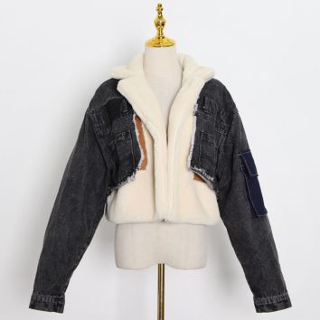 Rt027 Women's Jean Jacket Comfortable Patchwork Coat Color Block Crop Jacket Girls Warm Denim Clothes