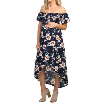 Rts Women Pregnant Clothes off Shoulder Print Floral Maternity Casual Asymmetrical Midi Dress
