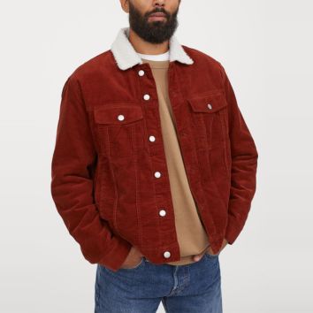 Rust Red Corduroy Jacket with a Faux Shearling-Lined Collar Mens Sherpa Trucker Jacket