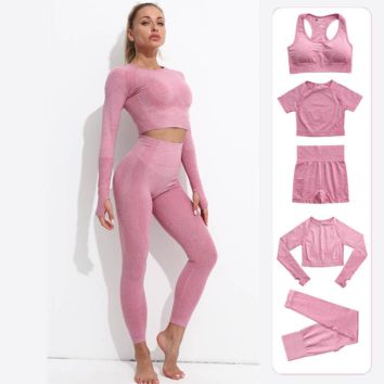 Seamless 5 Pcs Long Sleeve Yoga Set for Women Fleece Active Wear Yoga Sets Fitness