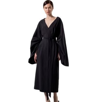 Sell Black Dress Ladies Long Elbis V-Neck Flared Sleeves Waist Chic Slim Robe Pleated French Dress Audrey Hepburn Dress