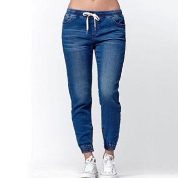 Sell Fall Denim Joggers Pants Drawstring Mid Elastic Waist Washing Old Pencil Pants Women Narrow Bottom Jeans