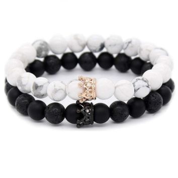 Seller Women Jewelry Couple Black Matte Agate White Howlite Cz Crystal Crown Queen 8Mm Beads Elastic Bracelet