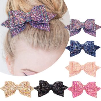 Shiny Leather Hair Accessories Ribbon Colorful Big Hair Bows Clips for Girls Kids