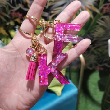 Shiny Sequin Resin Initial Keychain for Women Purse Charm Alphabet Key Ring Letter A-Z Key Chain