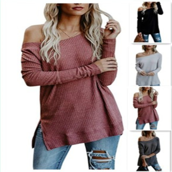 Side Silt One Shoulder off Shoulder Tops for Women Knitted Sweater Slouchy Long Sweatshirt Loose Pullover