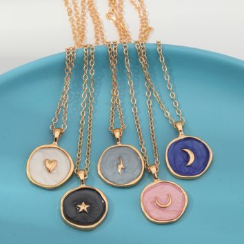 Simple Gold Color Coin Heart Necklace Enamel Stars Moon Heart round Pendant Necklace