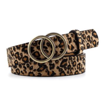 Simple Women Double Ring Gold Buckle Belt Ladies Pu Waist Belt Leopard Print Wide Leather Belts For