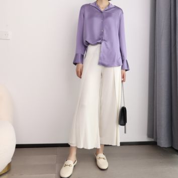 Slit Silk and Cotton Blended Casual Loose Wide Leg Women Pants