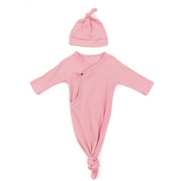 Soft Sleeper Gown with Hat Set for Unisex Baby Newborn Knotted Nightgown Knit Ribbed Bamboo Kimono Knotted Gown