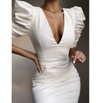 Soft Smooth Puff Sleeve V-Neck Special Sleeve Comfortable Medium Sleeve Length Women Dress