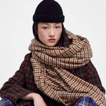 Soft Touch Plaid with Thick Student Warm Bib with Large Shawl Cashmere Scarf