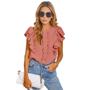 Soild Color Ruffle Sleeveless O Neck Shirts&Bluose Women Tops Fashionable